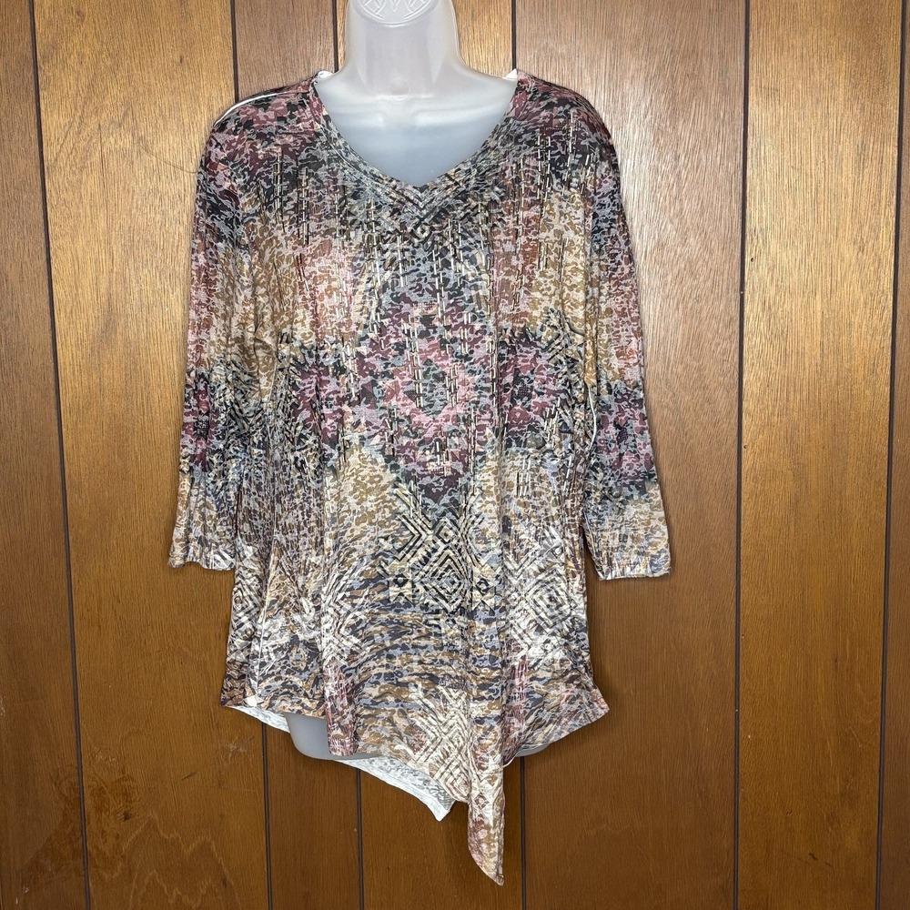 New Directions Tunic Top L Geo Print Beaded V-Neck Asymmetrical Hem‎ Boho Beaded